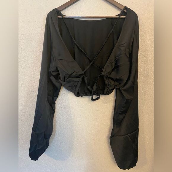 NWT WWW Billow Sleeve Top Satin Charmeuse Black XL - Picture 3 of 6